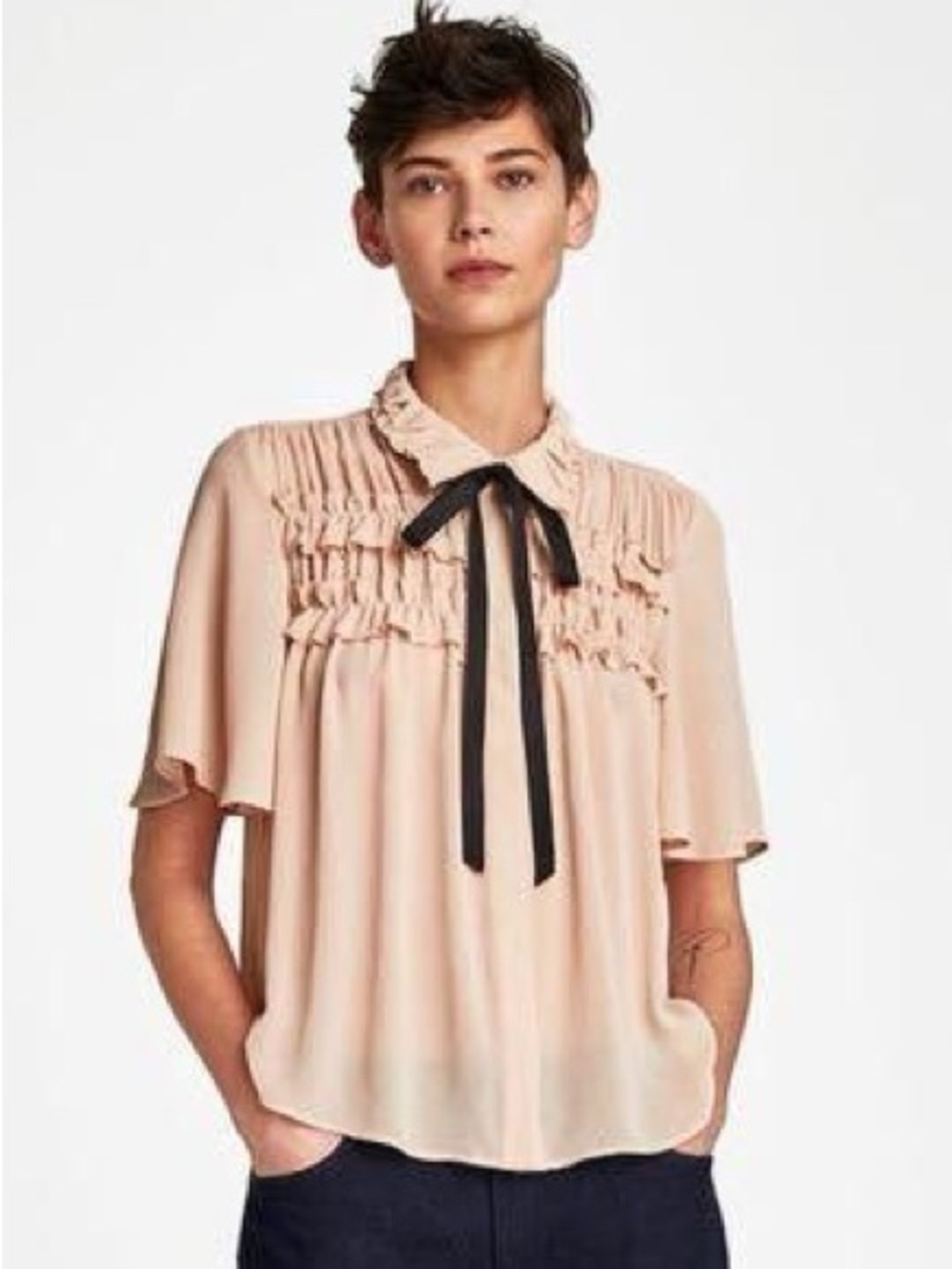 Zara Blush Ruffle Tie-Neck Blouse with Black Bow